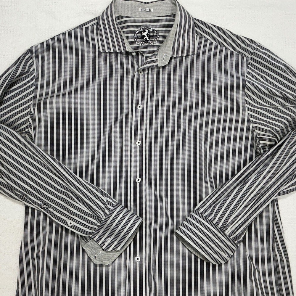 Bugatchi Mens Shaped Fit Striped Dress Shirt Black White Long Sleeve 2XL 17.5